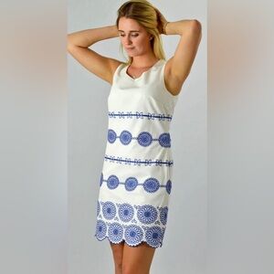 BODEN White Blue Embroidered Scalloped Hem Cotton Lined Sleeveless Dress 16L